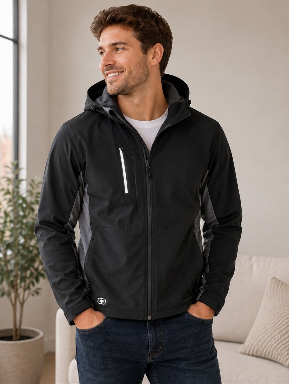 OGIO Men's Black and Gray Hooded Softshell Jacket